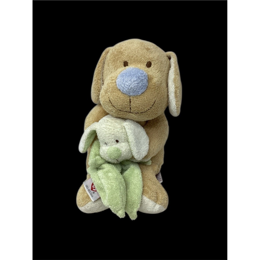TY Baby Tylux PLUFFIES Tan 12"  BLUE NOSE SNUGGLEPUP, Green blanket 2004